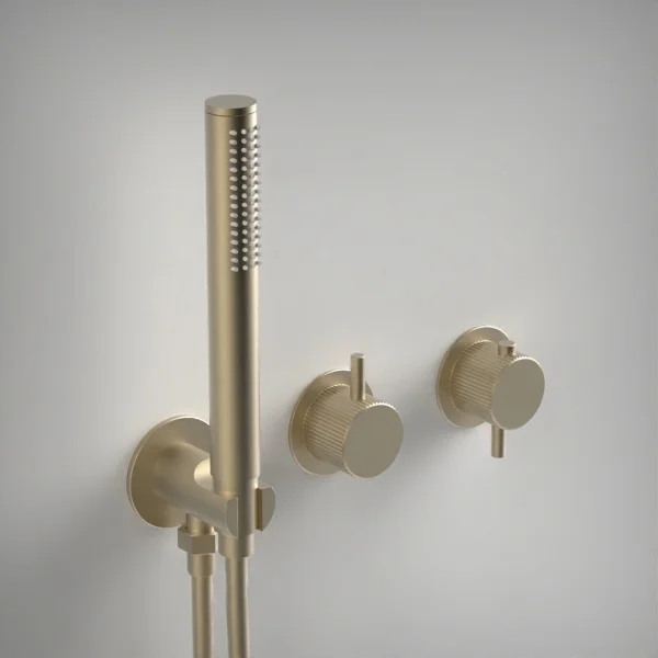 Ava Fluted 2 Way 2 Handle Thermostatic Valve With Built In Hand Shower W/3 Hole Flanges 3.0 - Brushed Brass