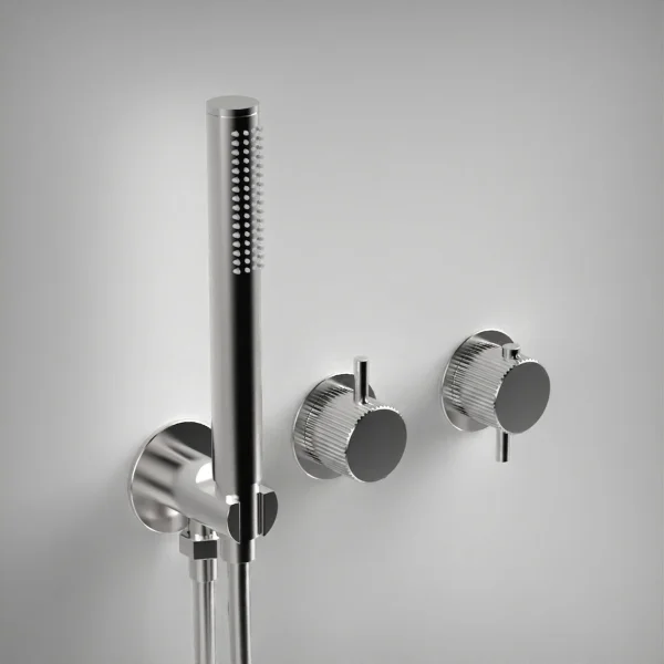Ava Fluted 2 Way 2 Handle Thermostatic Valve With Built In Hand Shower W/3 Hole Flanges 3.0 - Polished Stainless Steel