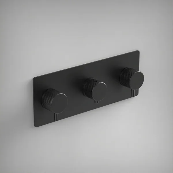 Ava Fluted 3 Way 3 Handle Thermostatic Valve W/ Backplate 3.0 - Brushed Black