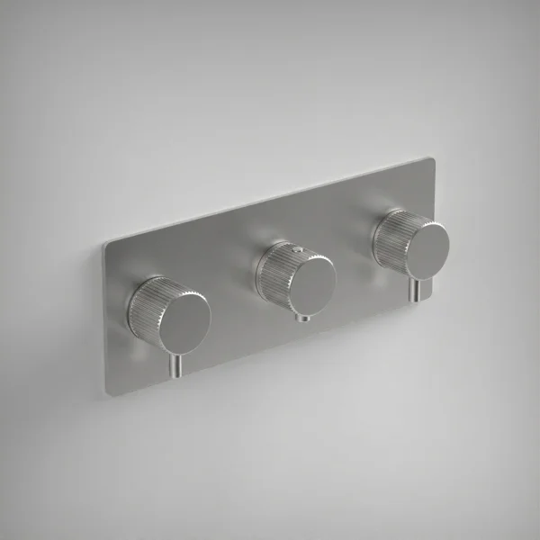 Ava Fluted 3 Way 3 Handle Thermostatic Valve W/ Backplate 3.0 - Brushed Stainless Steel
