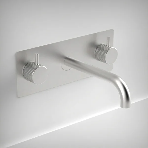 Ava Fluted 3 Hole Wall Mounted Basin Mixer With Back Plate - Brushed Stainless Steel