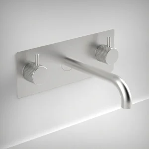Ava Fluted 3 Hole Wall Mounted Basin Mixer With Back Plate - Brushed Stainless Steel