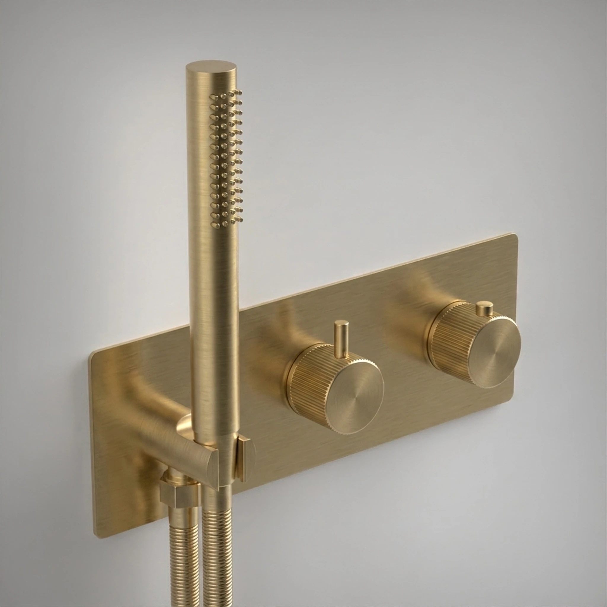 Ava Fluted 2 Way 2 Handle Thermostatic Valve With Built In Hand Shower W/3 Hole Backplate 3.0 - Brushed Brass
