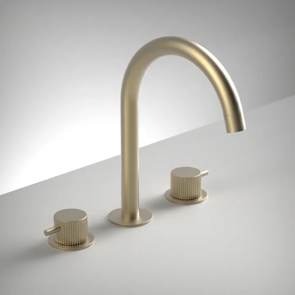 Ava Fluted 3 Hole Deck Mounted Basin Mixer W/ Flanges - Brushed Brass product image - Image 1