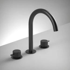 Ava Fluted 3 Hole Deck Mounted Basin Mixer W/ Flanges - Brushed Black