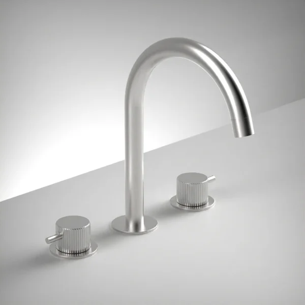 Ava Fluted 3 Hole Deck Mounted Basin Mixer W/ Flanges - Brushed Stainless Steel