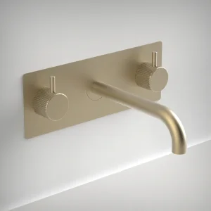 Ava Fluted 3 Hole Wall Mounted Bath Mixer W/ Backplate - Brushed Brass