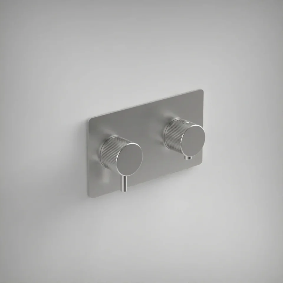 Ava Fluted 2 Way 2 Handle Thermostatic Valve W/ Backplate 3.0 - Brushed Stainless Steel product image - Image 1