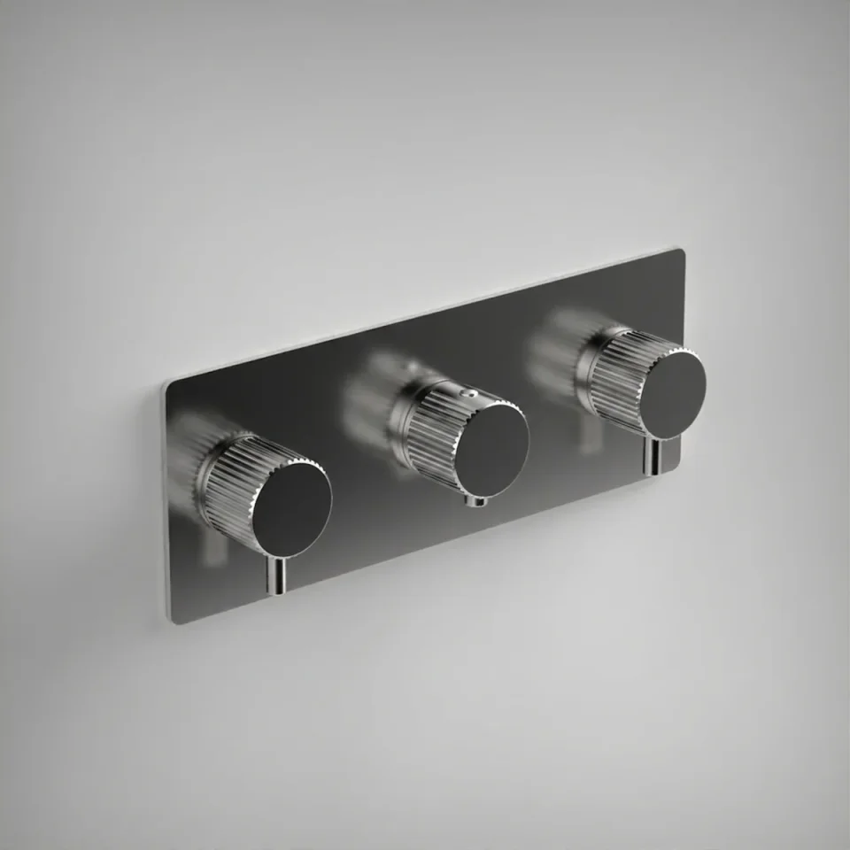 Ava Fluted 2 Way 3 Handle Thermostatic Valve W/ Backplate - Polished Stainless Steel product image - Image 1