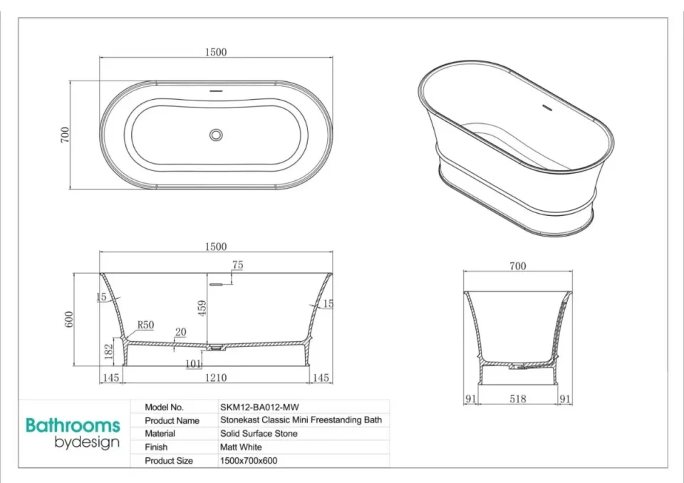 Stonekast Classic Mini Freestanding Bath 1500 X 700 X 600mm Matt White (waste Included) technical drawing - Image 2