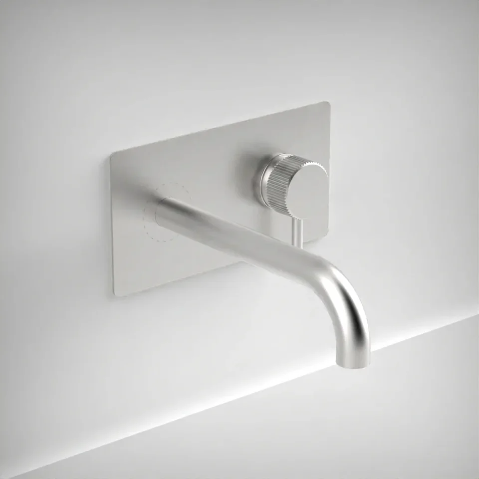 Ava Fluted 2 Hole Wall Mounted Basin Mixer With Back Plate 3.0 - Brushed Stainless Steel product image - Image 1