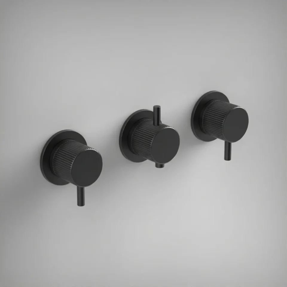 Ava Fluted 4 Way 3 Handle Thermostat Valve W/flange 3.0 - Brushed Black product image - Image 1