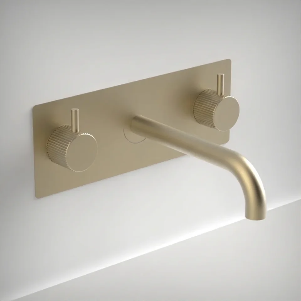 Ava Fluted 3 Hole Wall Mounted Basin Mixer With Back Plate - Brushed Brass product image - Image 1
