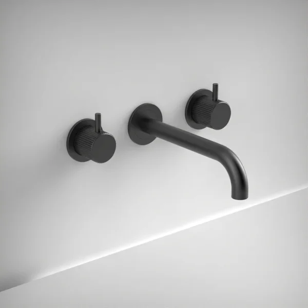 Ava Fluted 3 Hole Wall Mounted Basin Mixer W/ Flanges - Brushed Black
