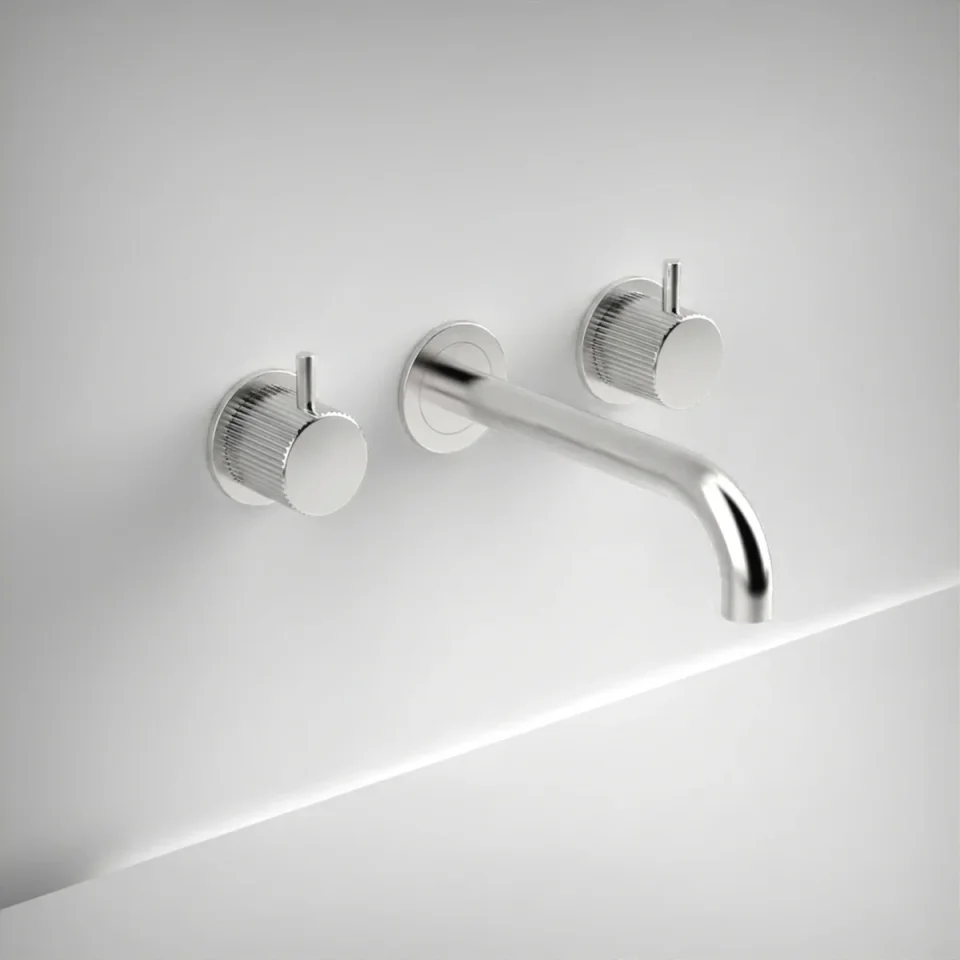 Ava Fluted 3 Hole Wall Mounted Basin Mixer W/ Flanges - Polished Stainless Steel product image - Image 1