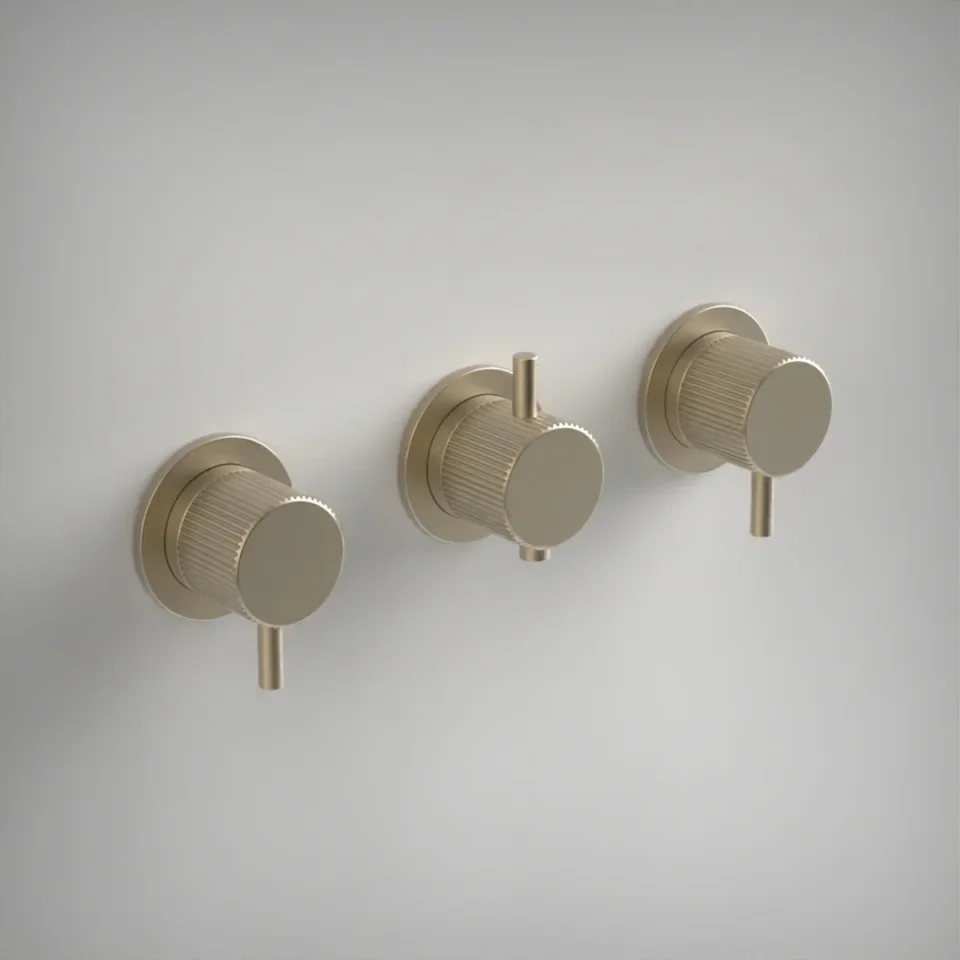 Ava Fluted 3 Way 3 Handle Thermostatic Valve W/ Flanges 3.0 - Brushed Brass product image - Image 1
