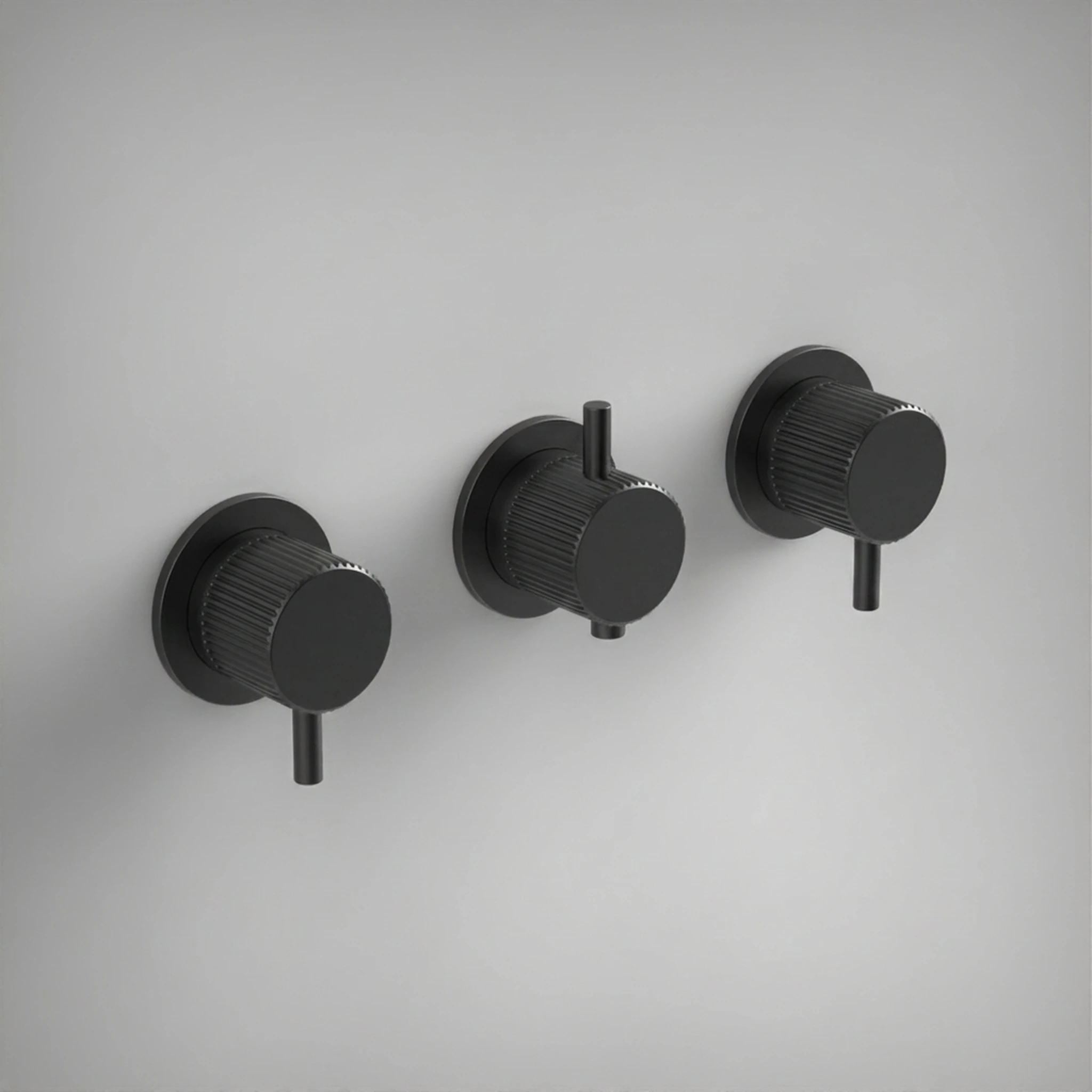 Ava Fluted 3 Way 3 Handle Thermostatic Valve W/ Flanges 3.0 - Brushed Black