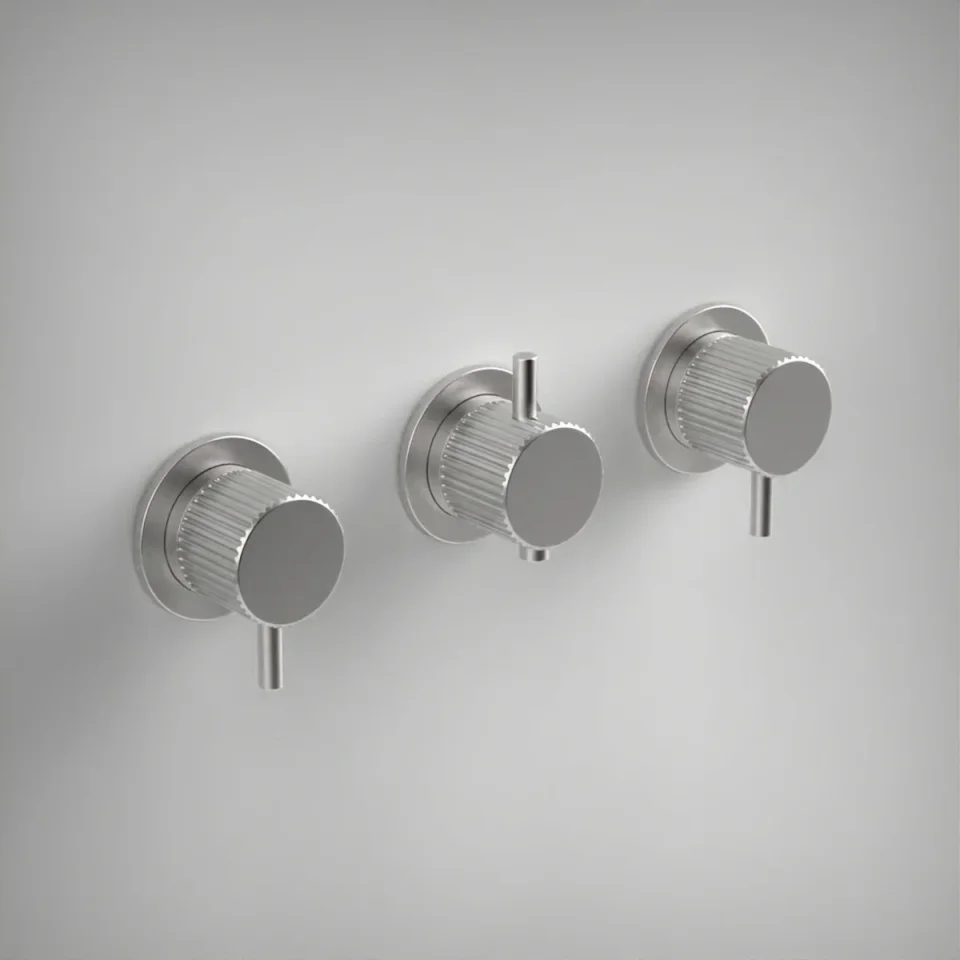 Ava Fluted 3 Way 3 Handle Thermostatic Valve W/ Flanges 3.0 - Brushed Stainless Steel product image - Image 1