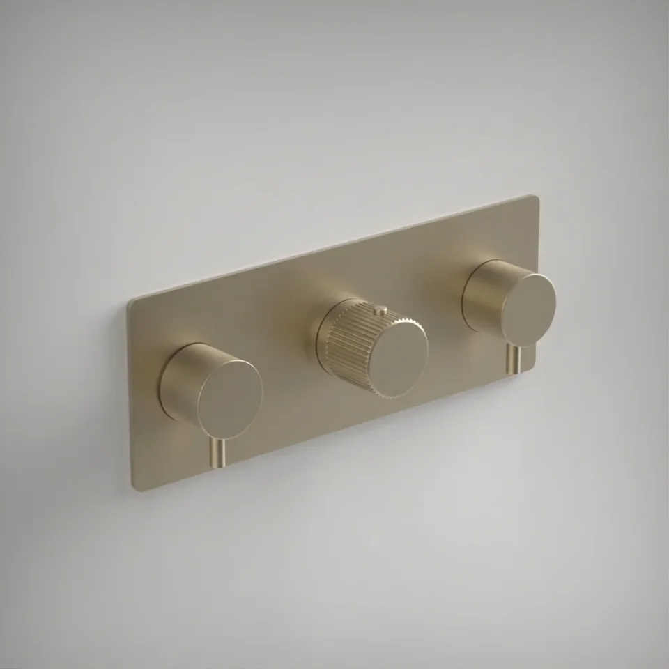 Ava Fluted 4 Way 3 Handle Thermostat Valve W/backplate 3.0 - Brushed Brass product image - Image 1