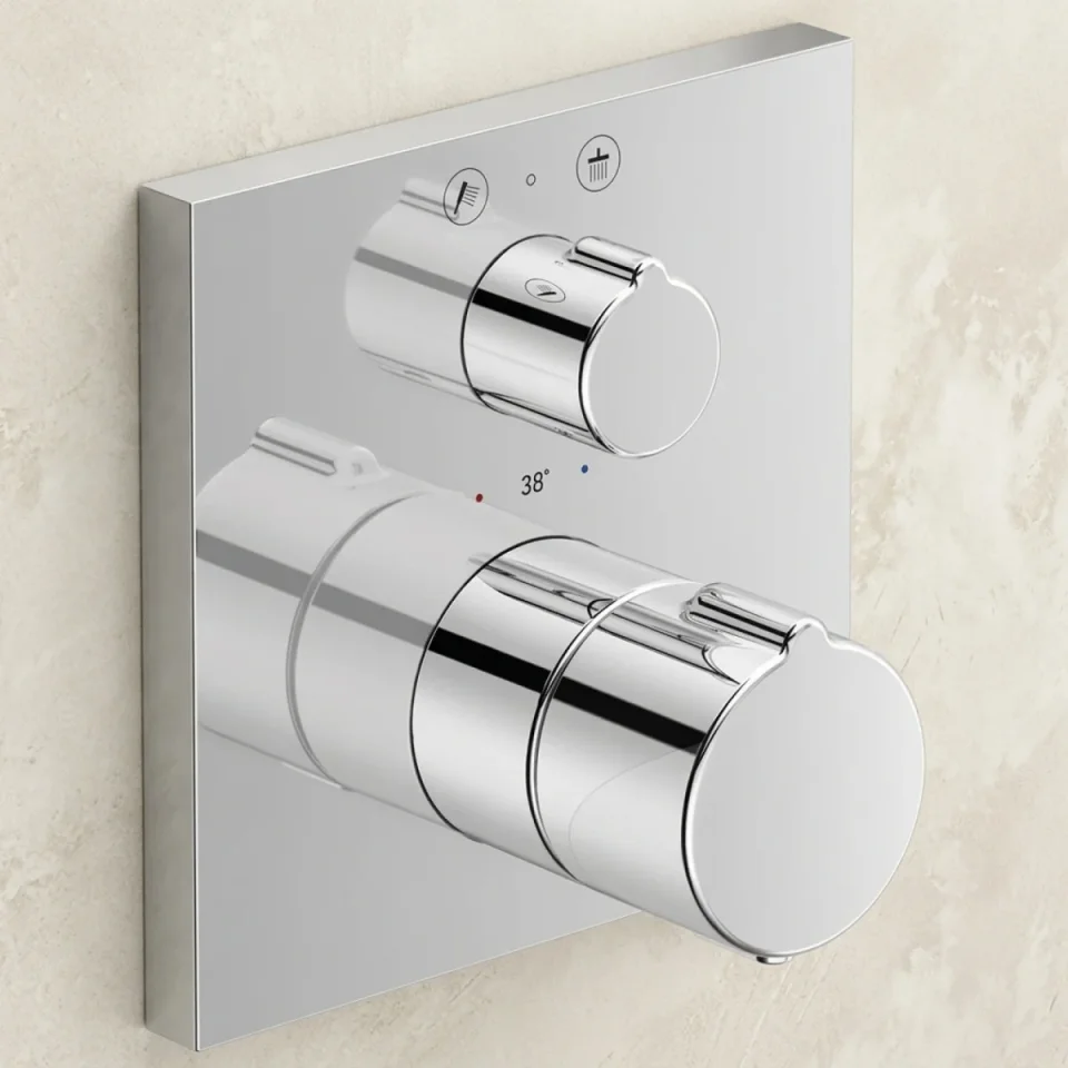 Duravit C.1 2 Outlet Thermostatic Shower Mixer Valve with Diverter and Square Backplate Chrome detail view - Image 2