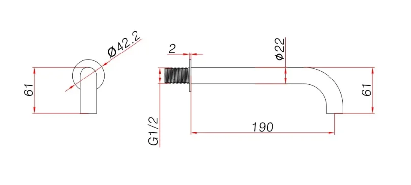 Ava Trend 184mm Wall Mounted Spout Only With 60mm Flange - Brushed Black technical drawing - Image 2