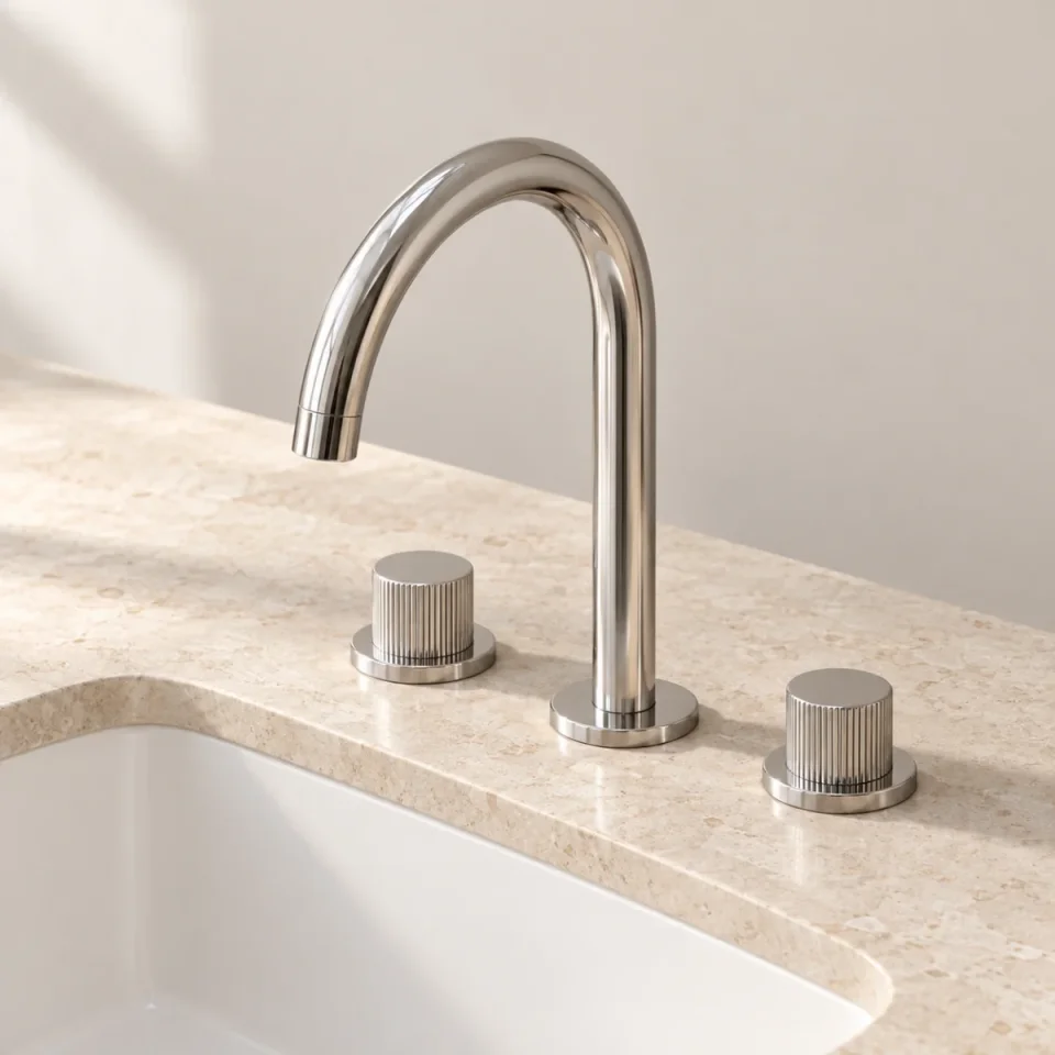 Ava Fluted 3 Hole Deck Mounted Basin Mixer W/ Flanges - Polished Stainless Steel product image - Image 2