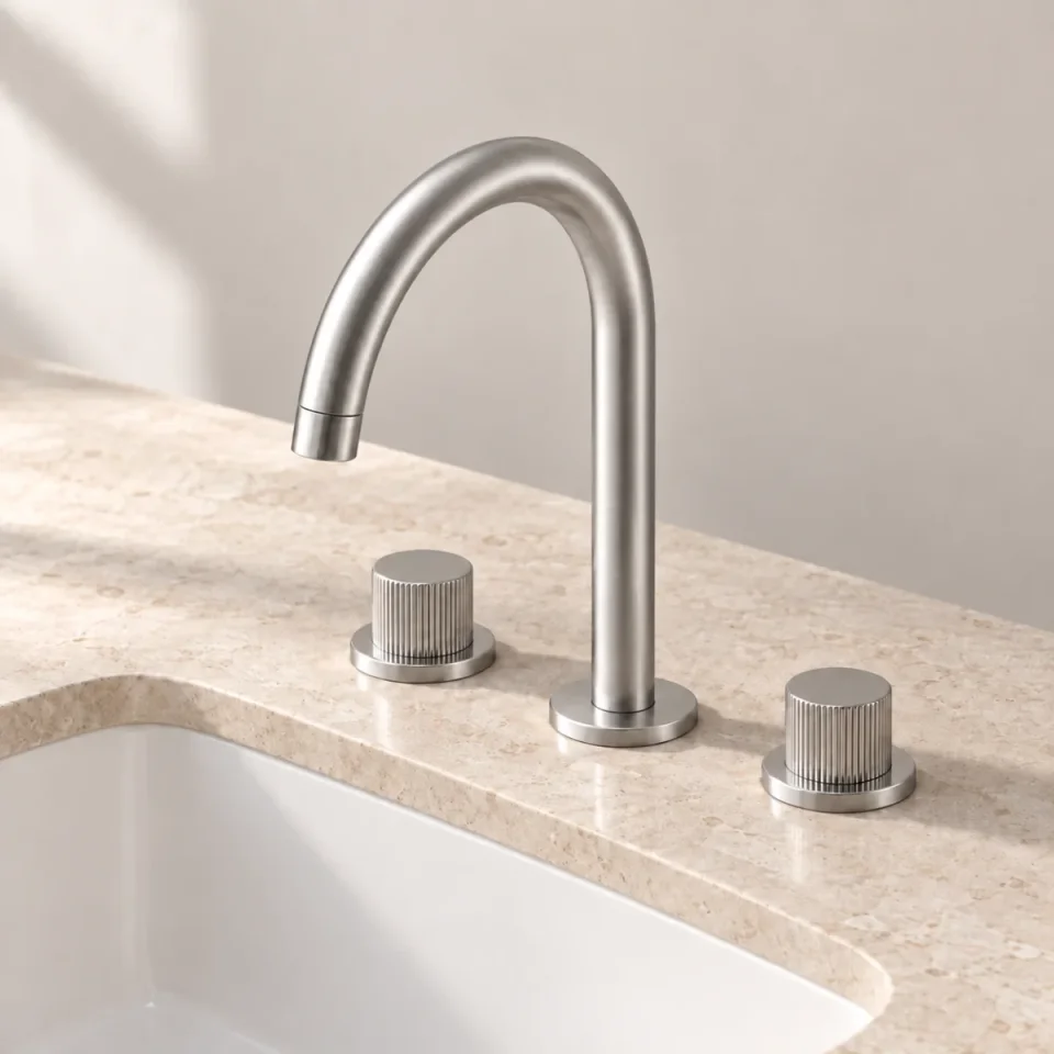 Ava Fluted 3 Hole Deck Mounted Basin Mixer W/ Flanges - Brushed Stainless Steel product image - Image 3