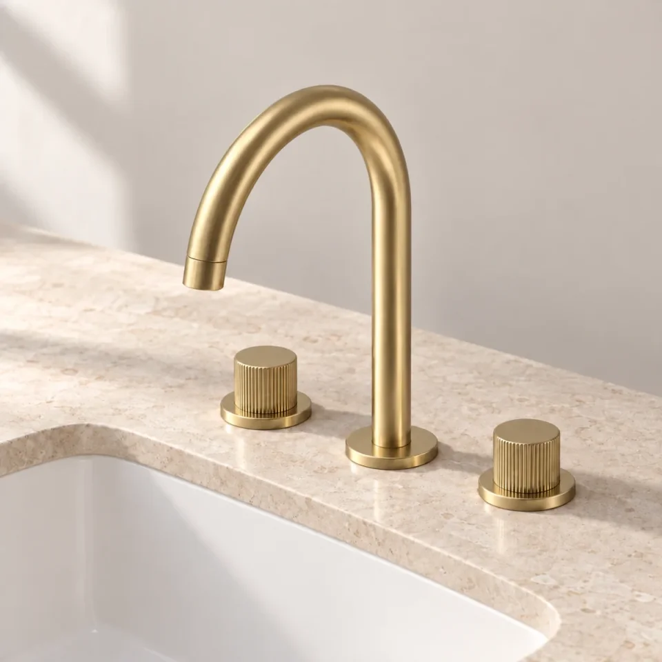 Ava Fluted 3 Hole Deck Mounted Basin Mixer W/ Flanges - Brushed Brass product image - Image 3