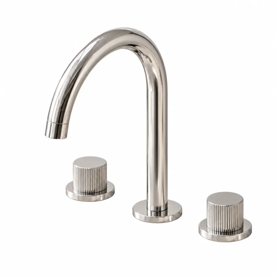 Ava Fluted 3 Hole Deck Mounted Basin Mixer W/ Flanges - Polished Stainless Steel detail view - Image 3