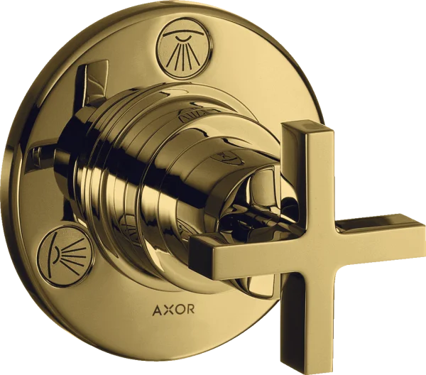 Axor Citterio Shut-off / Diverter Valve Trio / Quattro Finish Set With Cross Handle Gold Polished