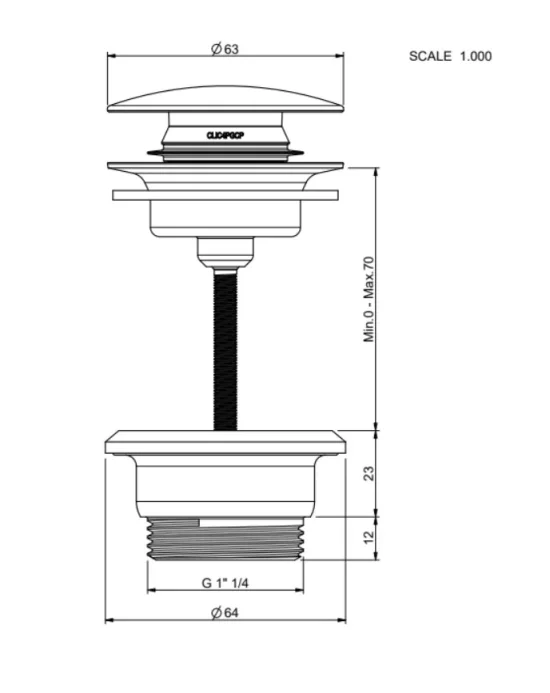 Ava Universal Click Basin Waste & Freeflow Adaptor - Brushed Black technical drawing - Image 2