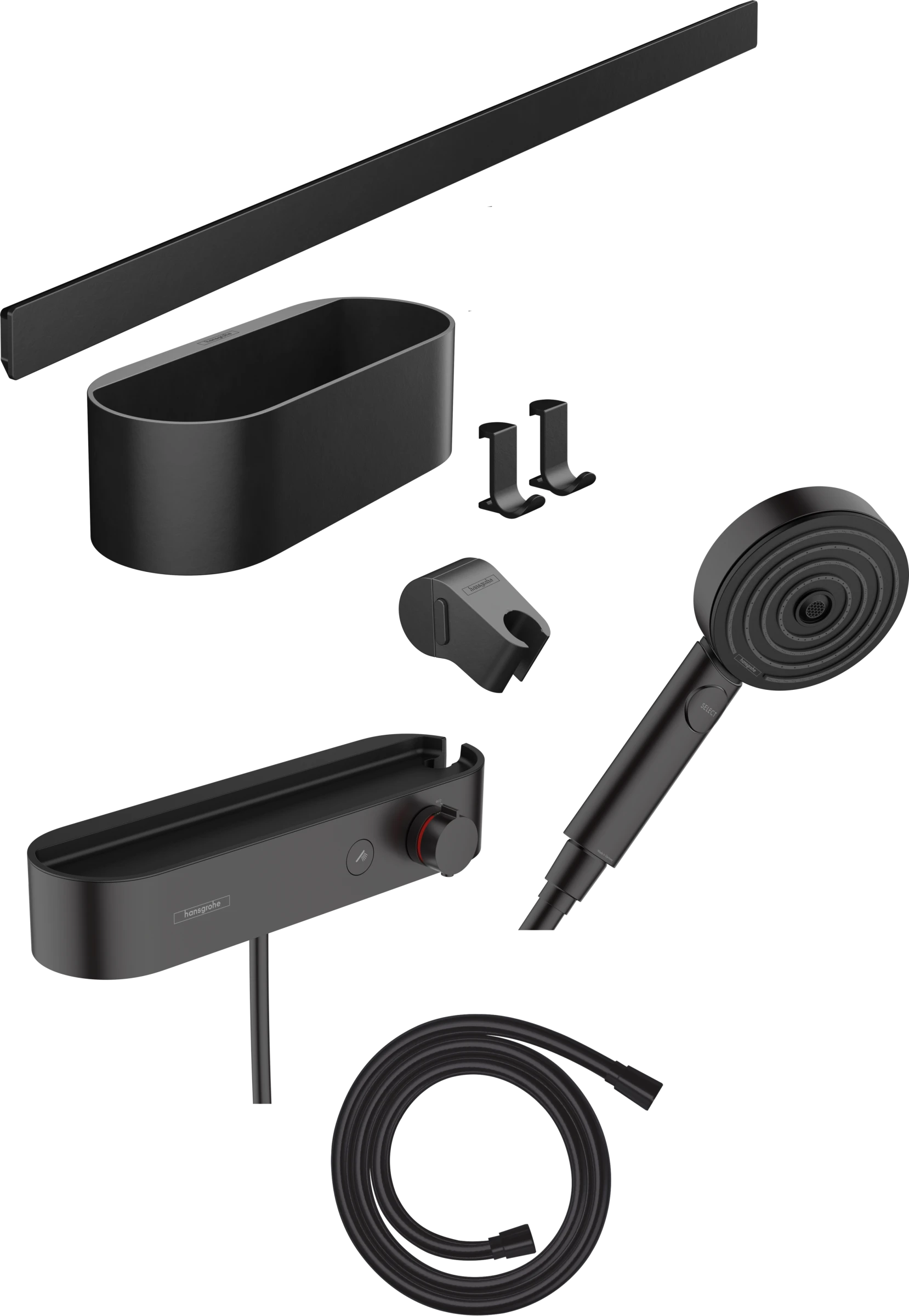 Hansgrohe Wallstoris Bundle Hand Shower 105 3jet Activation Ecosmart, Thermostat, Wall Bar 70 Cm And Storage Set Matt Black