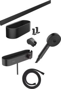 Hansgrohe Wallstoris Bundle Hand Shower 105 3jet Activation Ecosmart, Thermostat, Wall Bar 70 Cm And Storage Set Matt Black