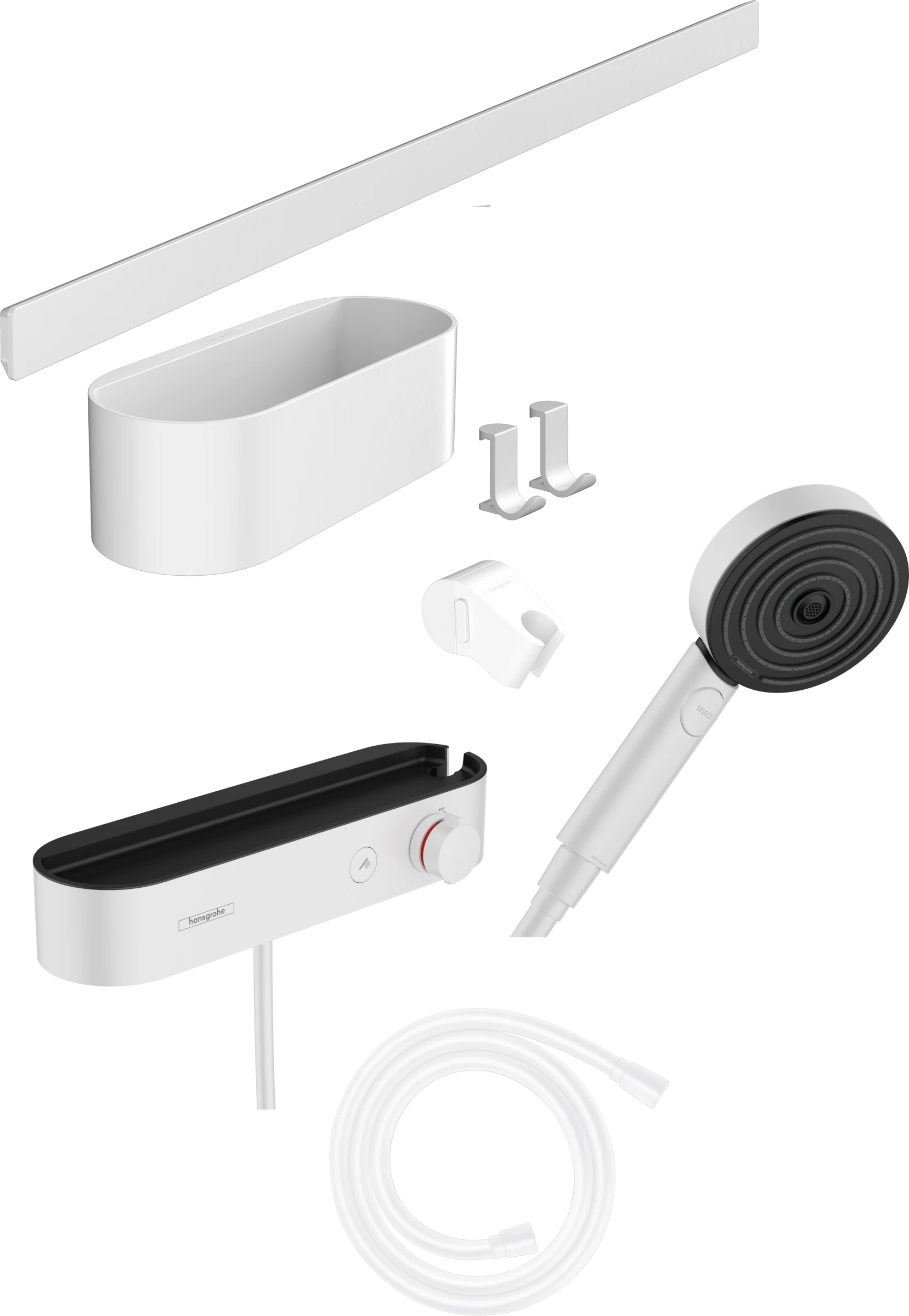 Hansgrohe Wallstoris Bundle Hand Shower 105 3jet Activation Ecosmart, Thermostat, Wall Bar 70 Cm And Storage Set Matt White