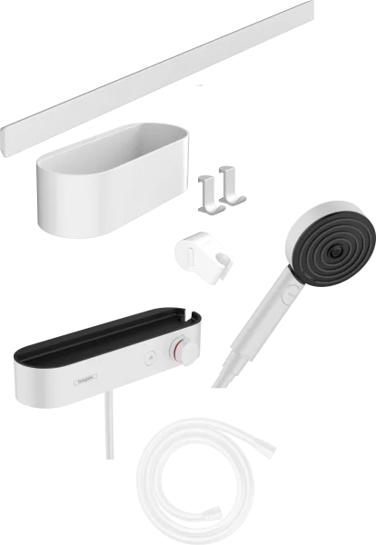 Hansgrohe Wallstoris Bundle Hand Shower 105 3jet Activation Ecosmart, Thermostat, Wall Bar 70 Cm And Storage Set Matt White