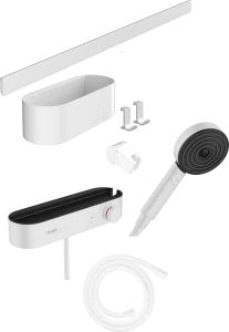Hansgrohe Wallstoris Bundle Hand Shower 105 3jet Activation Ecosmart, Thermostat, Wall Bar 70 Cm And Storage Set Matt White