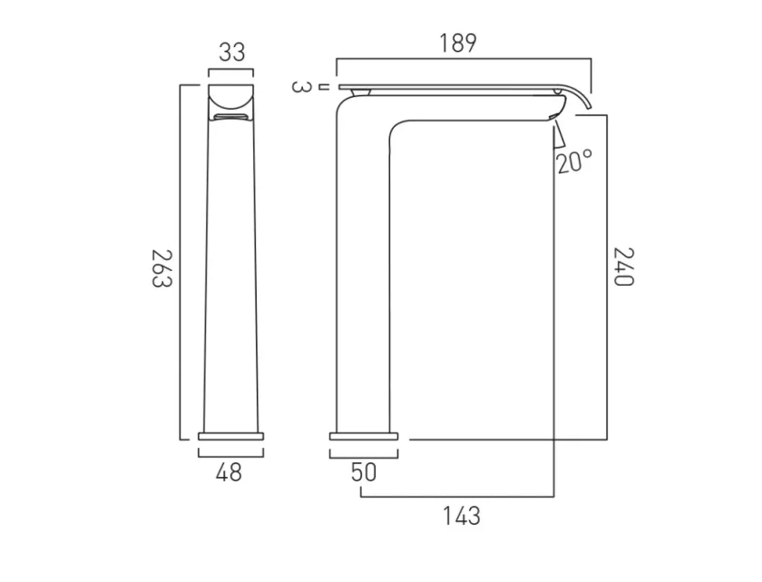 Vado Kovera Tall Monobloc Basin Mixer Tap without Waste Chrome technical drawing - Image 2