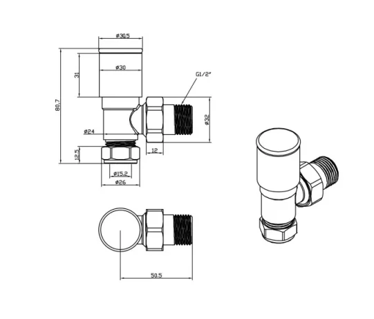 Just Taps Angled Radiator Valve Brushed Black technical drawing - Image 2