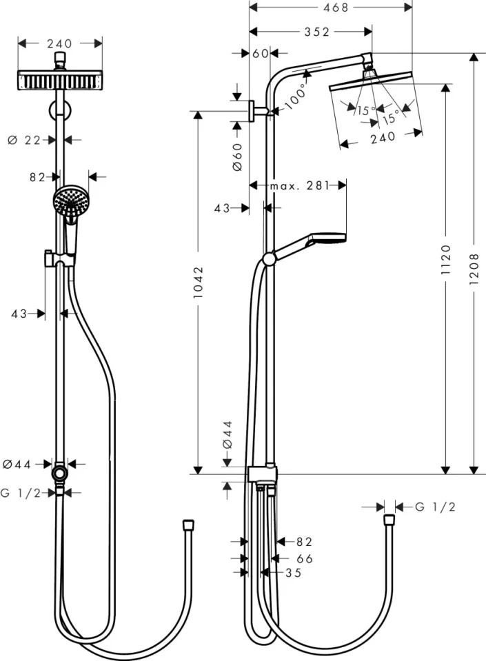 Hansgrohe Crometta E Shower Pipes Universal 1100 X 360 X 115mm Chrome detail view - Image 2