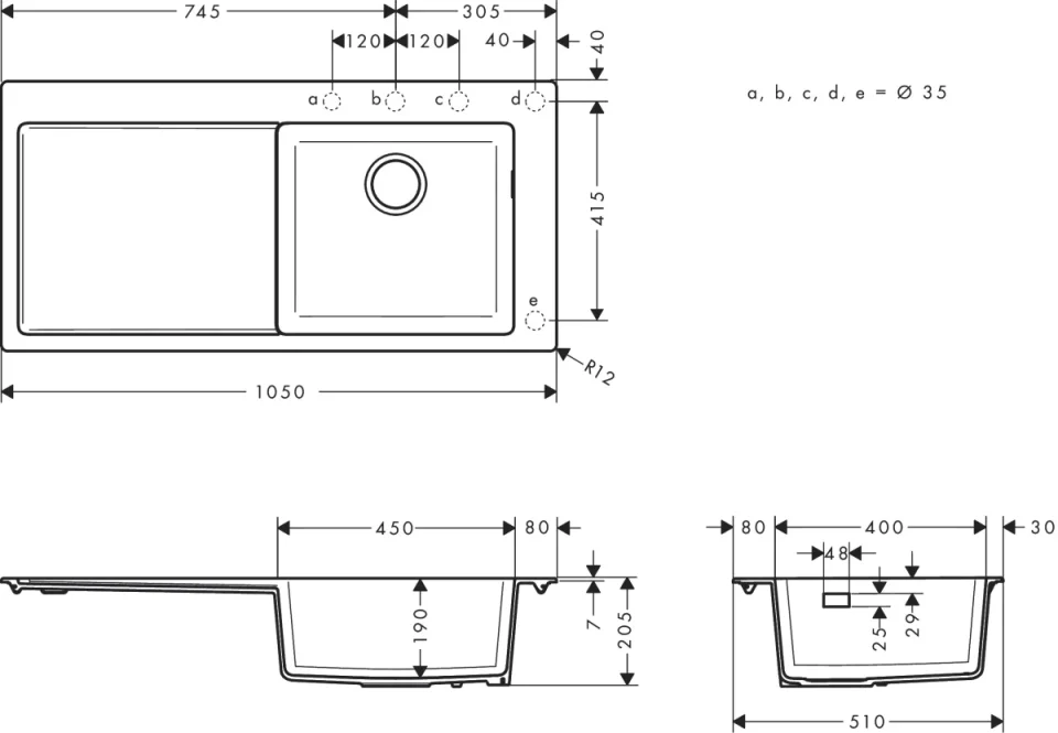 Hansgrohe S51 Sinks 1160 X 580 X 315mm Black detail view - Image 2