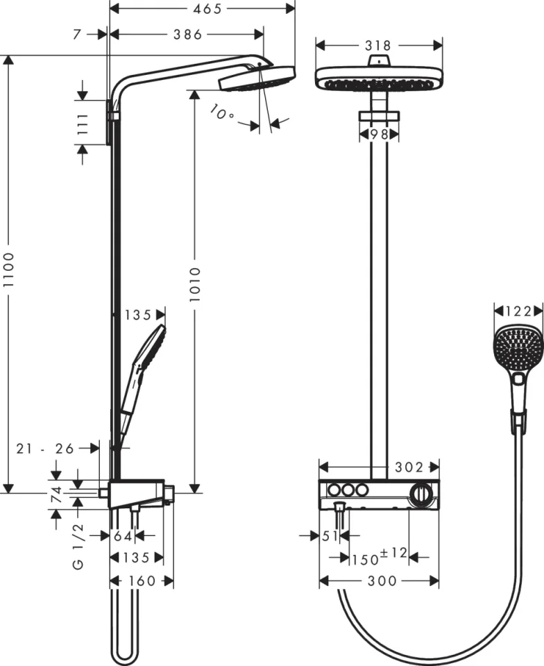 Hansgrohe Raindance Select E Showerpipes With Thermostatic Mixer 1060 X 395 X 120mm Chrome detail view - Image 3