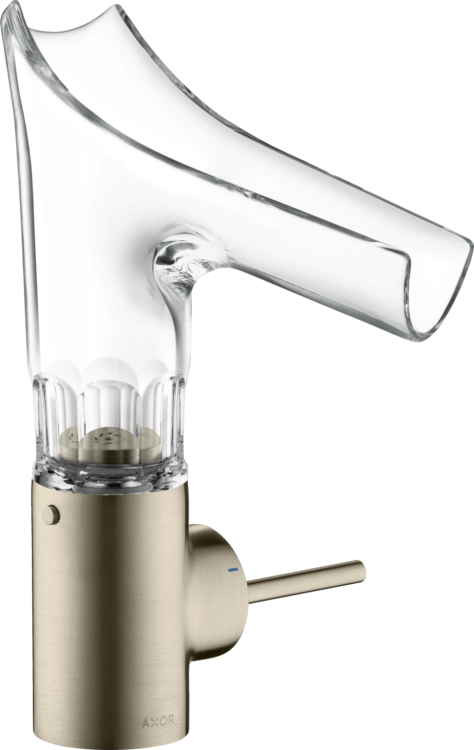 Axor Starck V Single Lever Basin Mixer 140 With Glass Spout - Bevel Cut Without Waste Brushed Nickel