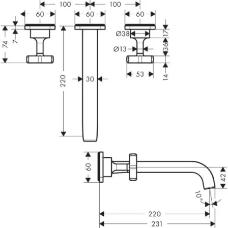 Axor Citterio E Manual Mixers 257 X 235 X 81mm Gold - Polished technical drawing - Image 3