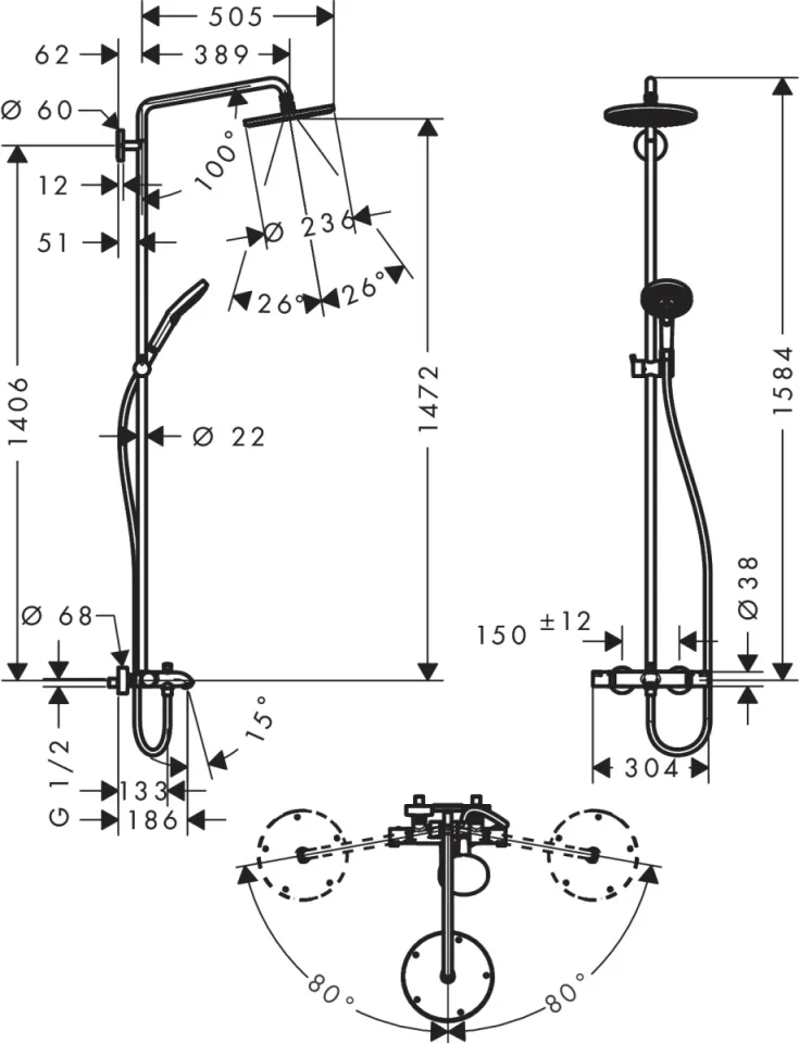 Hansgrohe Raindance S Showerpipes With Thermostatic Mixer 1452 X 293 X 109mm Chrome detail view - Image 3