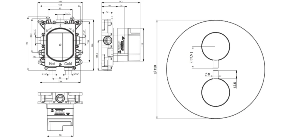 Crosswater Crossbox MPRO Industrial 2 Outlet Trim & Levers Brushed Brass Unlaquered technical drawing - Image 3