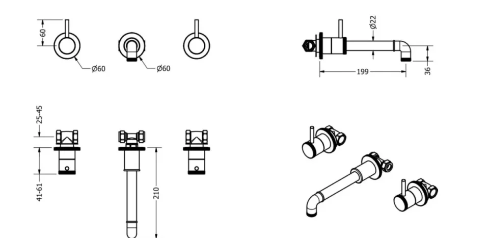 Crosswater MPRO Industrial 3 Hole Basin Set Brushed Brass Unlaqered technical drawing - Image 3