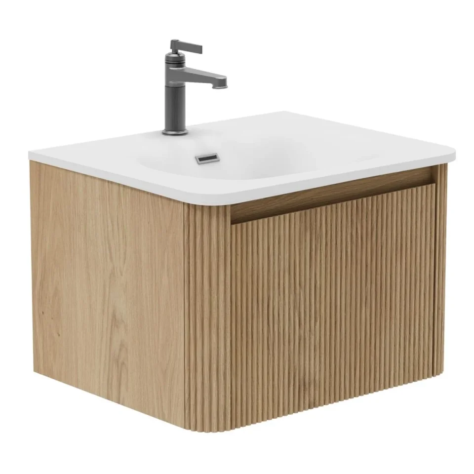 Cubico Wave Ribbed 600mm Wall Hung Vanity Unit Natural Oak product image - Image 1