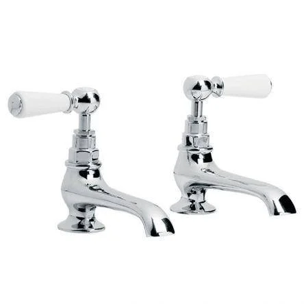 Lefroy Brooks Classic White Lever Long Nose Basin Pillar Taps - Antique Gold