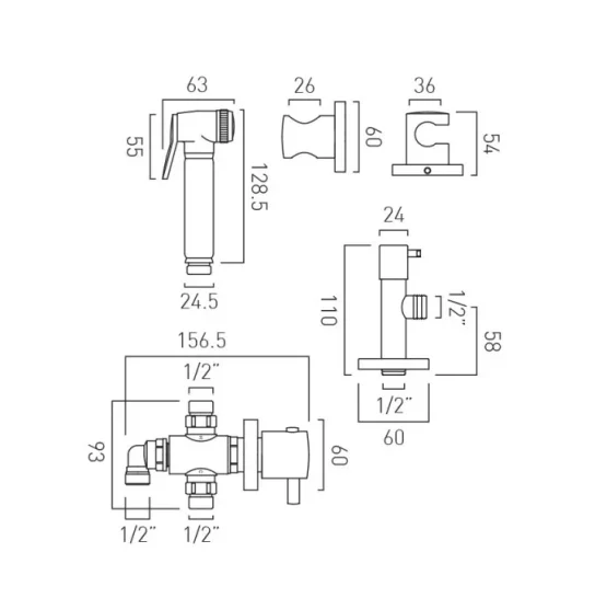 Vado Individual Shattaf Kit With Concealed Thermostatic Mixing Valve And Angle Valve Brushed Gold technical drawing - Image 2