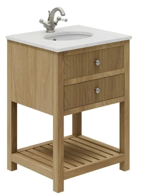 Cubico Abbey Ribbed 600mm Floorstanding Vanity Unit Natural Oak With Worktop & Ceramic Basin Inc. Bottle Tr product image - Image 1